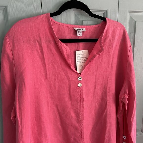 Toofan Womens Linen Pink V-Neck Tunic Blouse XL Relaxed Lagenlook Coastal - Picture 2 of 11